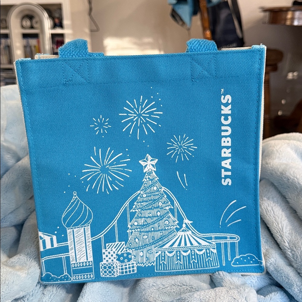 Starbucks Blue Tote with Festive White Design